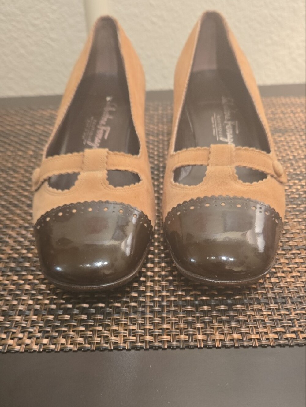 Salvatore Ferragamo Tan Suede Flats with Brown Patent Cap-Toe - Picture 3 of 8